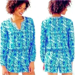 Lilly Pulitzer Sz XS Colby Romper Blue Palm Print Summer Vacation Travel Night